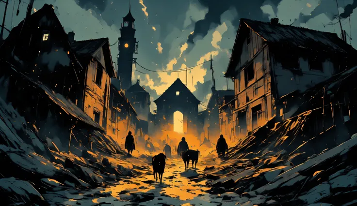 A forsaken medieval village, long forgotten by time, stands in silent ruin beneath a storm-laden sky. The skeletal remains of wooden houses lean precariously, their thatched roofs long since collapsed, leaving gaping holes like the empty sockets of a skull...