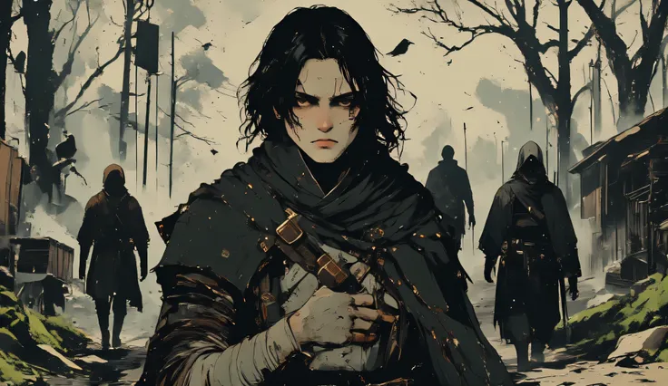 A striking young warrior with sharp, aristocratic features and piercing dark eyes strides forward with unwavering confidence. His long, unkempt black hair, damp from the morning mist, clings to his pale skin, partially obscuring an old scar that runs diago...