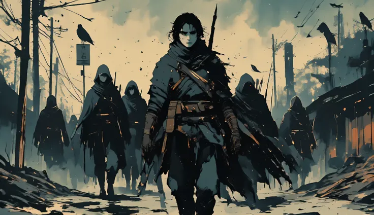 A striking young warrior with sharp, aristocratic features and piercing dark eyes strides forward with unwavering confidence. His long, unkempt black hair, damp from the morning mist, clings to his pale skin, partially obscuring an old scar that runs diago...