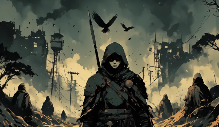 A young prince with sharp, aristocratic features and a cold, unwavering gaze walks ahead of his hooded warriors. His battle-worn armor, dark and engraved with faded symbols, bears the scars of countless fights. A tattered black cloak sways behind him, heav...