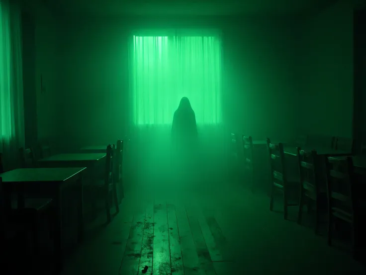 Mysterious Green-Tinted Horror Scene: In a dimly lit room, green light filters through half-drawn curtains, casting eerie shadows across aged wooden floors. Several tables and chairs are neatly arranged, yet untouched, evoking a sense of abandonment. A thi...