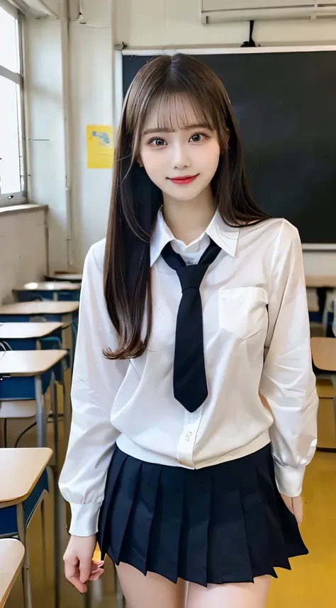 (beautiful girl、cute face、 medium hair、stares at viewers:1.3)、top quality,8K image、 patchy double eyelids、happy、natural makeup、 moisstrip、white skin、( straight hair , Strongly Blurred White Background 、classroom、high school uniform、 Long Sleeve、black m...