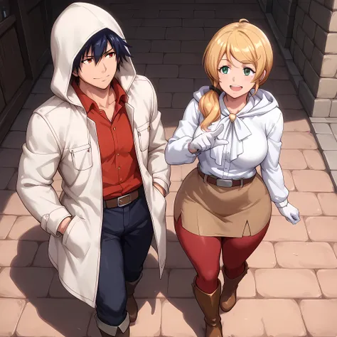 (1man with the appearance of Gray Fullbuster, toned body, 1man with his hands in the pockets of his long red pants, white hooded coat, red shirt underneath the coat, 1man with blue eyes) | ((1man walking through the fantasy anime style village, looking at ...