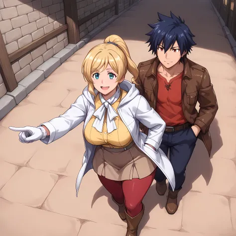 (1man with the appearance of Gray Fullbuster, toned body, 1man with his hands in the pockets of his long red pants, white hooded coat, red shirt underneath the coat, blue eyes) | ((1man walking through the fantasy anime style village, looking at the stalls...