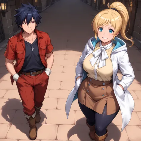 (1man with the appearance of Gray Fullbuster, toned body, 1man with his hands in the pockets of his long red pants, white hooded coat, red shirt underneath the coat, blue eyes) | ((1man walking through the fantasy anime style village, looking at the stalls...
