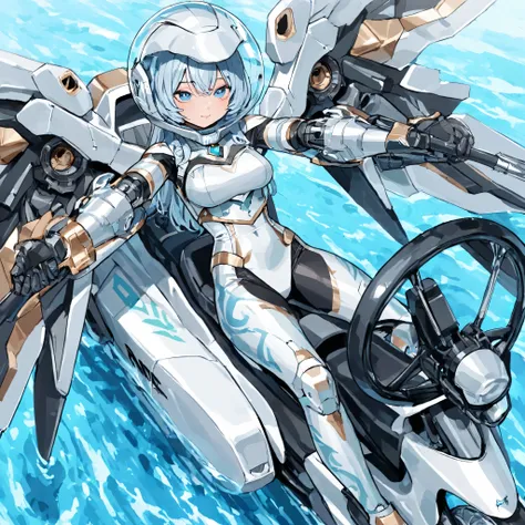 realistic、high resolution、woman、droid、Mecha Maiden、Machinery Parts、droidジョイント、single mechanical arm、mechanical body suit、mecha corset、White mechanical body、cute woman riding a futuristic motorcycle、atoms Riding a marked nuclear motorcycle、future engine th...