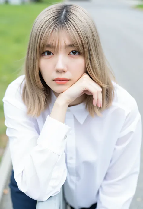 This image、This is a portrait of Karin, a young Asian woman with straight hair growing up to her shoulder, Light hair color and bang. She is leaning on a metal rail with her right hand on her chin. she's looking directly at the camera with a serious expr...