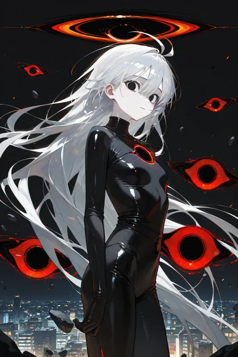 Masterpiece, Detailed, Perfect details, perfect eyes,  1girl, pale skin, Dark gray hair, Very long hair,Sad look, Black eyes with red circles, Baggy eyes, Slender body, Shiny hair, black bodysuit, Hair antenna, Dark background, Black hole in the background...