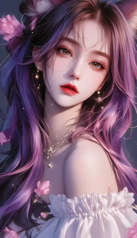 League of Legends KDA Tanuki,Nine-tailed Fox Eared Girl,Purple Pink Gradient Long Hair,Shining Crystal Makeup,Futuristic Off-Shoulder High Split Stage Set,Metallic Decorative Waist Chain,Fingertips Move Magical Light Particles。} The background is a neon ci...