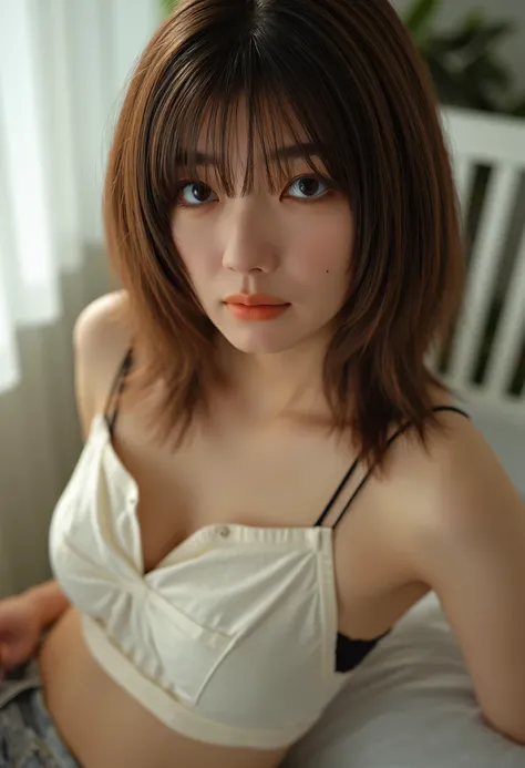 Relaxing in a room, 20 years old ((with bangs, dark brown hair, Short Bob Hairr)), she has a hot hourglass body with huge tots and bubble butt, (she is looking at the camera), black eyes, (blonde long hair), realistic and detailed face, beautiful woman, , ...