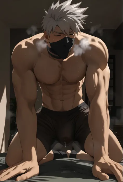 anime guy sitting in bed wearing a mask,  biceps !!, (SFW)  Safe Work , 2b, 2 b, gigachad  biceps , Bad guy anime 8k,  biceps  male hero, hairy , very strong and cool, ,  biceps  gigachad benediction,  male anime character ,  biceps ! white