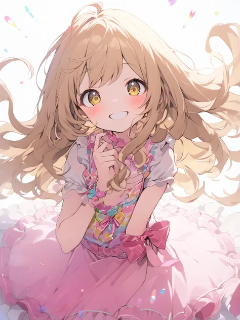 A cute and lively anime-style girl with long, golden blonde or light brown hair. She has a cheerful and playful expression, big bright yellow eyes, and an energetic aura. Her outfit is colorful and adorable, typically featuring frilly dresses, ribbons, and...
