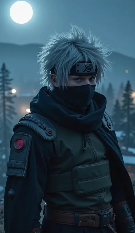 An enigmatic warrior with disheveled silver hair, with a headband covering one of his eyes and a black mask hiding half of his face, is standing on top of a mountain under moonlight. Your only visible eye shines with the Sharingan activated, while his cloa...