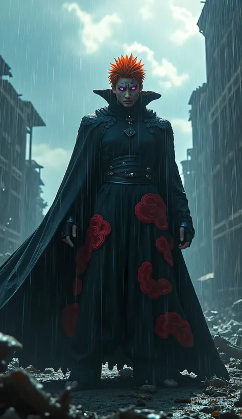 An imposing man with spiky orange hair and bright purple eyes from Rinnegan stands at the center of a ruined city, with rain falling heavily on him. He wears a long black cloak from Akatsuki, decorated with red clouds, and his face has metallic piercings t...