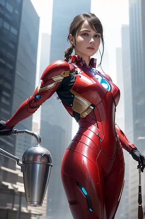 born, masterpiece, Ultra-fine photography,, 最 high quality,   super high resolution,  photorealistic, sunlight,  full body portrait ,  amazingly beautiful ,,  dynamic pose holding a ladle, delicate face, Bright eyes, ( side view) ,  she wears a futuristic ...