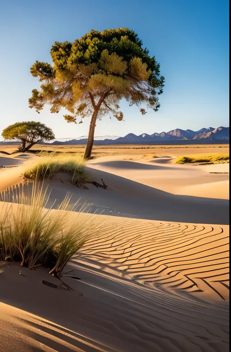 Vast and inviting, the landscape features undulating dunes of rich, reddish sand, contrasting beautifully with tufts of golden grass that sway gently in the breeze. A solitary tree stands prominently amidst the rugged terrain, its branches reaching toward ...