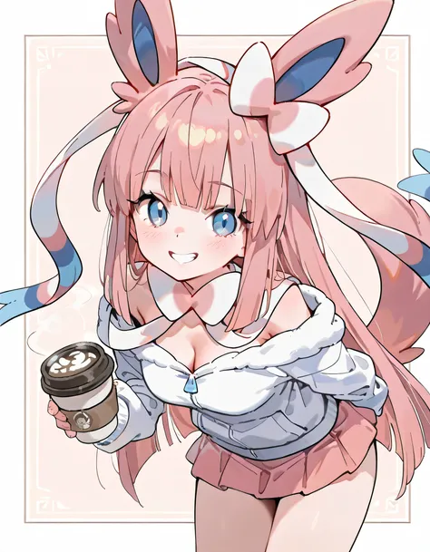 solo,(leaning forward:1.3),looking at viewer,1girl,18years old,patel pink long straight hair,bangs,natural cosmetic,grin,(offshoulder pastel pink Sylveon(pokemon) design parka,mini skirt),adult female face,(Holding out a coffee cup),soft lineart, (pastel I...