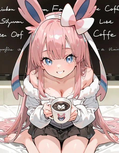 front view,(wariza),solo,(leaning forward:1.3),looking at viewer,(closed up face:1.3),1girl,18years old,patel pink long straight hair,bangs,natural cosmetic,grin,(offshoulder pastel pink Sylveon(pokemon) design parka,mini skirt),adult female face,(Holding ...