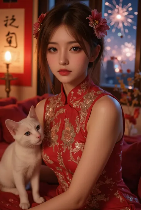Cat ears、 face up, attractive, pretty girl, ponytail、 (( fine facial features , eroticism)), dramatic lighting , realistic , 8k, Dramatic Shadows , intricate and elaborate patterns , super detailed photo , chiaroscuro lighting , Pleasant colors , deep cont...