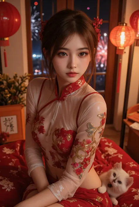 Cat ears、 face up, attractive, pretty girl, ponytail、 (( fine facial features , eroticism)), dramatic lighting , realistic , 8k, Dramatic Shadows , intricate and elaborate patterns , super detailed photo , chiaroscuro lighting , Pleasant colors , deep cont...