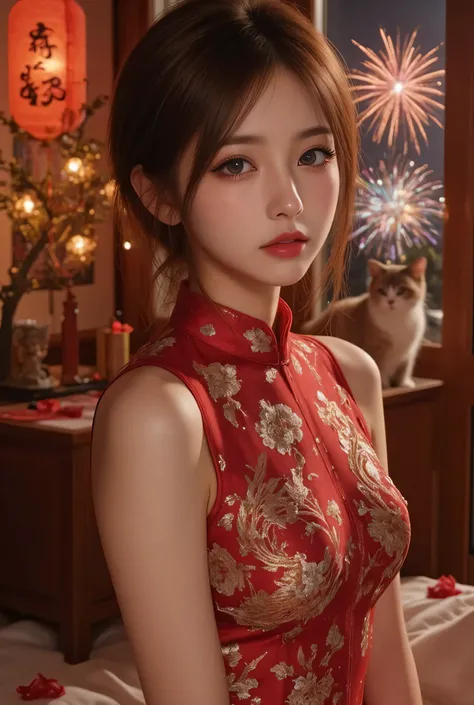 Cat ears、 face up, attractive, pretty girl, ponytail、 (( fine facial features , eroticism)), dramatic lighting , realistic , 8k, Dramatic Shadows , intricate and elaborate patterns , super detailed photo , chiaroscuro lighting , Pleasant colors , deep cont...