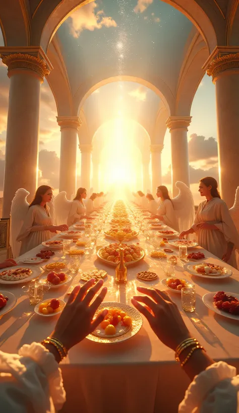 A cinematic, Point of View (POV) scene of a heavenly feast, set in a grand, open-air banquet hall floating above the clouds. From the viewer's perspective, you see elegant marble columns with gold and silver inlays stretching high, supporting a vaulted cei...