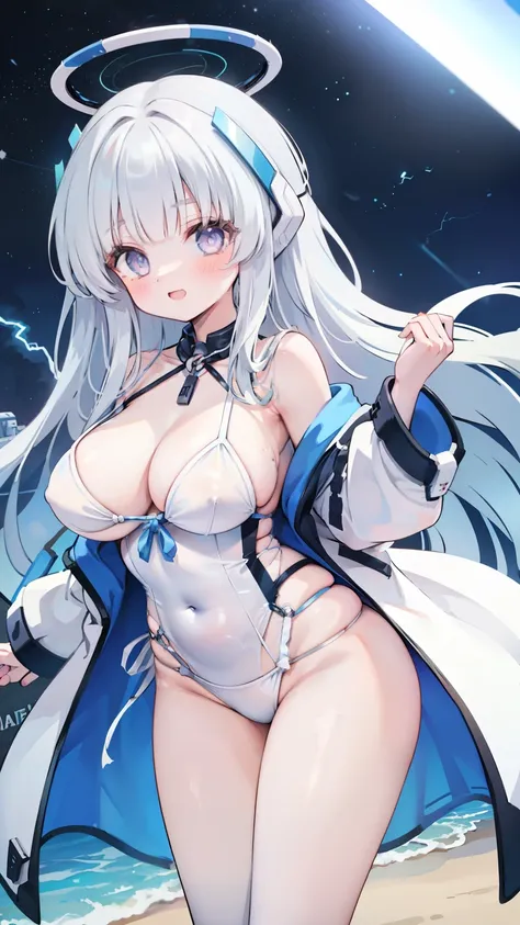 1 robot girl , dress with long white hair, blue eyes, body with big breasts,with a nice waist, in a white bikini, have fun on the beach, at night , and uses blue lightning magic