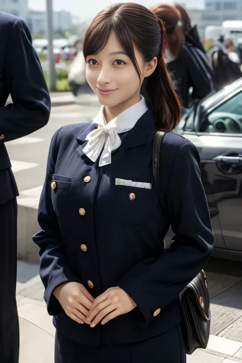 (masterpiece:1.2, Best Quality:1.2), 32kHDR, high definition, (alone、1 girl)、（Rooftop of a building during the day、professional lighting）、Building rooftop background、（Japan Air System cabincrew Uniformを着たリアルスタイル）、（（Japan Airlines System flight attendant un...