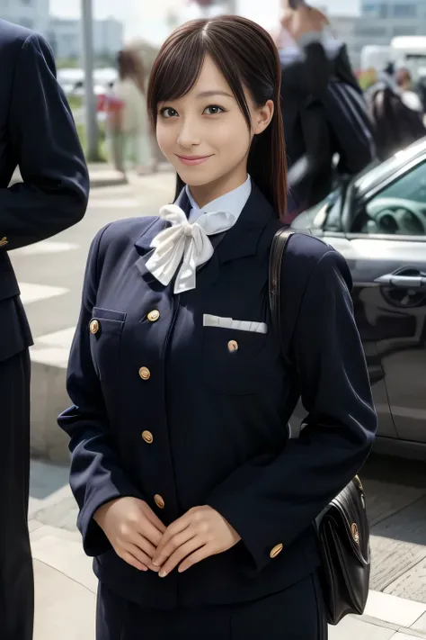 (masterpiece:1.2, Best Quality:1.2), 32kHDR, high definition, (alone、1 girl)、（Rooftop of a building during the day、professional lighting）、Building rooftop background、（Japan Air System cabincrew Uniformを着たリアルスタイル）、（（Japan Airlines System flight attendant un...