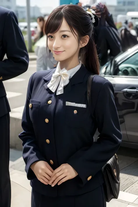  (masterpiece:1.2, Best Quality:1.2), 32kHDR, high definition, (alone、1 girl)、（Rooftop of a building during the day、professional lighting）、Building rooftop background、（Japan Air System cabincrew Uniformを着たリアルスタイル）、（（Japan Airlines System flight attendant u...