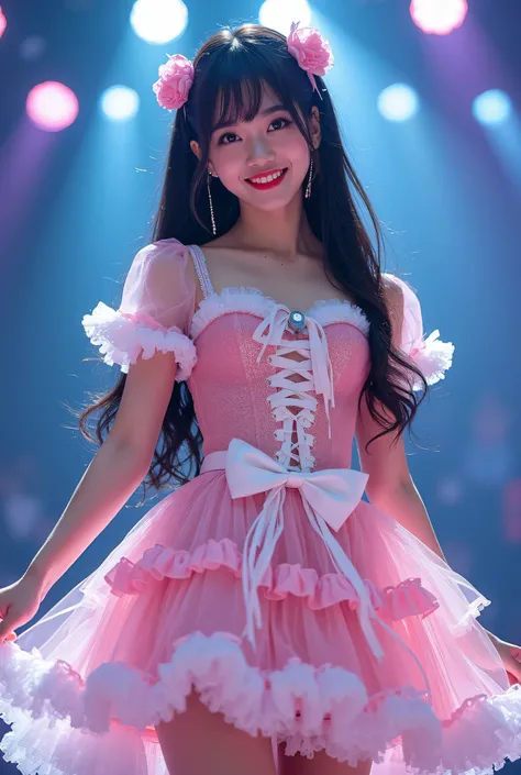 Create a highly detailed, realistic image of a young woman with long, dark hair styled with two small pink bows on either side. She is wearing a vibrant and transparent shinning glossy pink short dress that has a layered, frilly design with white ruffled e...