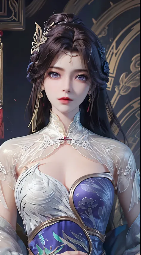 1 beautiful Van Hi girl in hanfu dress, The 27-year-old girl with the face of an old lady, Korea Doll, thin purple silk shirt with many white textures, white lace top, long platinum purple ponytail, hair jewelry, ear jewelry, necklace and necklace , meticu...