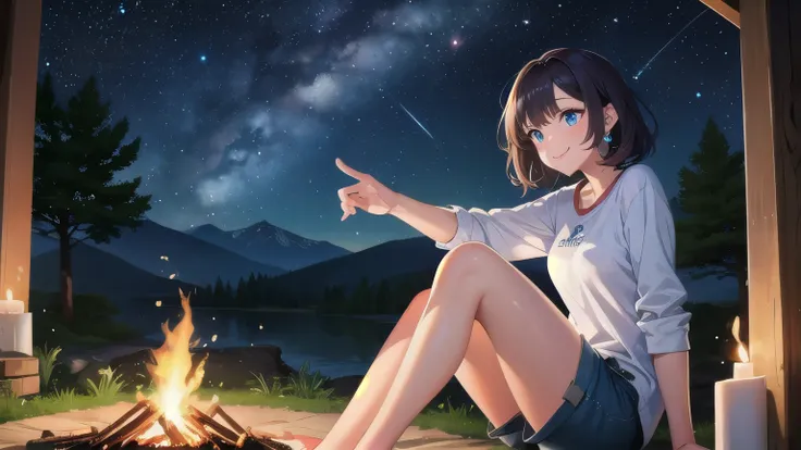 ((top quality)), ((masterpiece)), ( details), On a quiet night , The campfire flickers gently at the campground .A glamorous woman is sitting by the fire ,  she feels the warmth of the flames and looks up at the starry sky  .  her hair is blown by the wind...