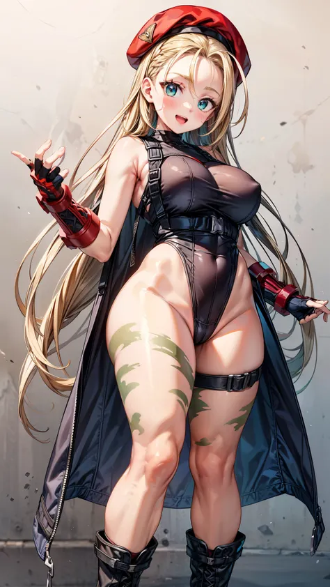 masterpiece、 high image quality、smiles、open mouth、(blonde long hair)、(is standing:1.5、Leg muscles:1.5、SFW giant body)、(wearing high-leg thong )、 blue eyes、 (thong )、cammy white, long hair, blonde hair,  beret , (red headwear:1.3), huge breasts, ( green leo...