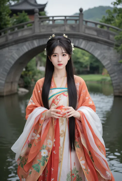 Beautiful chinese girl with long hair, chinese traditional dress, holding a red lantern and standing on a chinese bridge