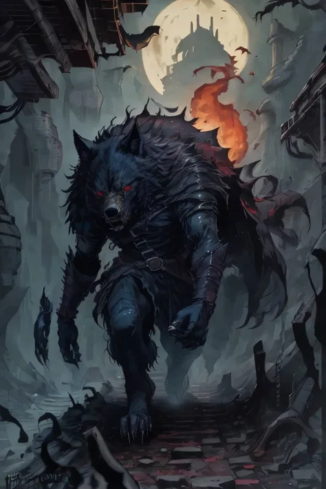 huge black wolf on a cliff in a blood-red night, bright  red eyes,roar, 8 HD, 8,000,splash art,Strong,Dirty,Fenrith, red eyes, fear, fear,Provocative，Red moon behind