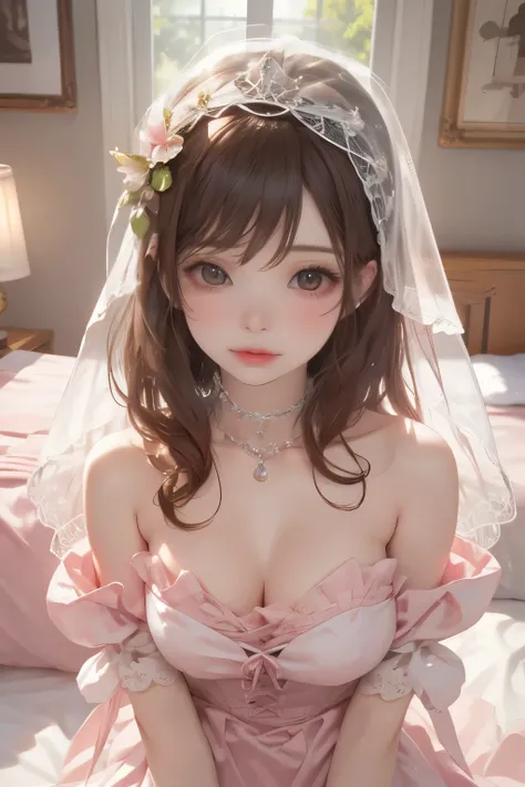 Best Quality, masterpiece, high-resolution , 1 girl ,blush,Ancient costume、 strapless、Veil,long satin gloves, princess、On the bed,Midnight, textured skin , movie light effect,