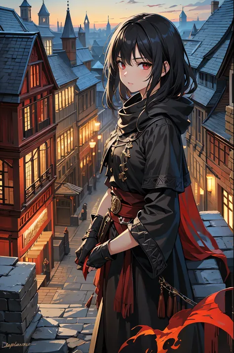 d&d, 4K, HD, better quality, work of art, girl, d&d wallpaper, d&d character, scar on left eye, dark black hair, crimson red eyes, short hair, It's on top of a medieval-era tower, brown coat