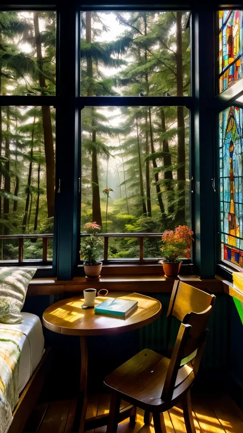 Cozy room, table, bed, many books, paintings, view from the window of the forest, sea, happiness, full color, multicolored, artificial, highest detail, super quality, small details, glare, neon lights, masterpiece, illustration, daylight, huge room, huge w...