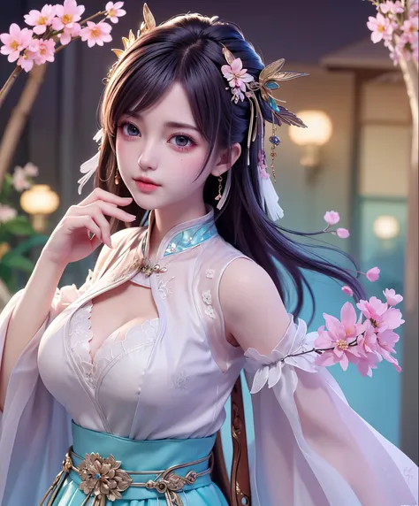(8k, RAW photo:1.2), best quality, ultra high res,dramatic angle,(fluttered detailed color splashs), (illustration),(((1 girl))),(long hair),(rain:0.9), (Headdress:1.4),There is an ancient palace beside the girl,Hanfu,(Key Points),Color ink painting,(Splas...
