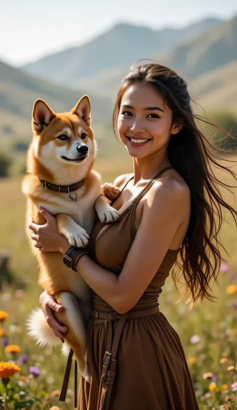 **Prompt:** Explore the enchanting relationship between a prehistoric female hunter and her spirited Shiba Inu in the expansive savanna. Create a hyper-realistic, wide-angle image capturing the joyful moment as the hunter wraps her arms around her lovingly...