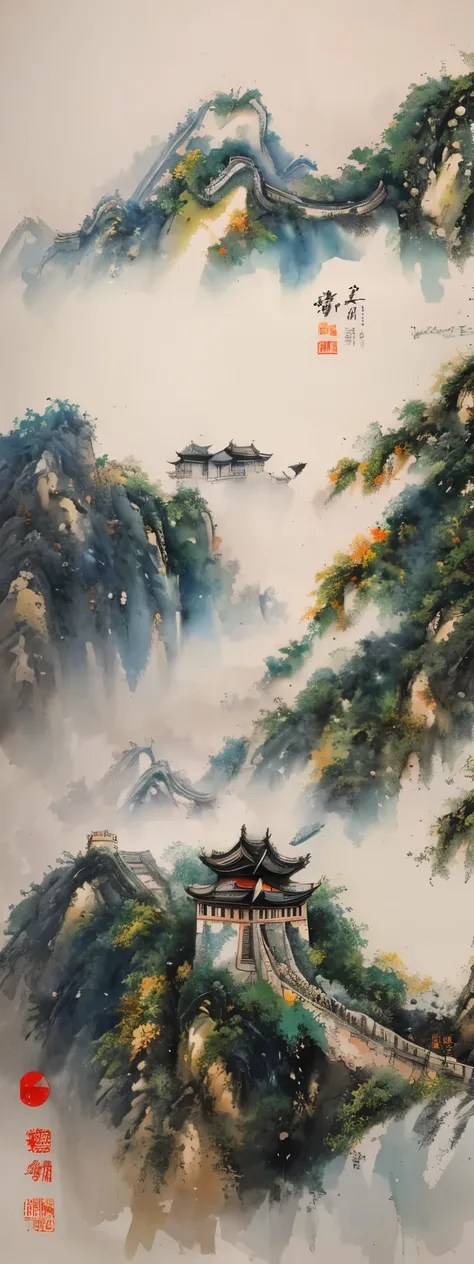 blurred picture style, wet-in-wet, watercolor painting, ink painting, best quality, landscape painting of the Great Wall of China, with light and light shading in the Wu Guanzhong style ink painting, where primary colors are dropped and blurred