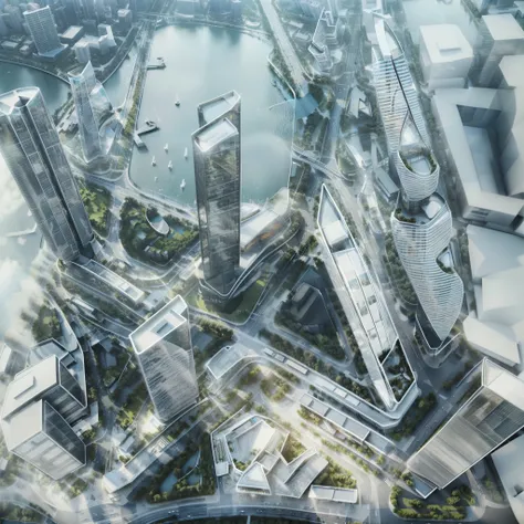High-angle, ultra-realistic architectural rendering of a futuristic cityscape. Towering, slender black skyscrapers with evenly spaced horizontal bands rise in a meticulously designed, interconnected urban environment. The tower structures are made of sleek...