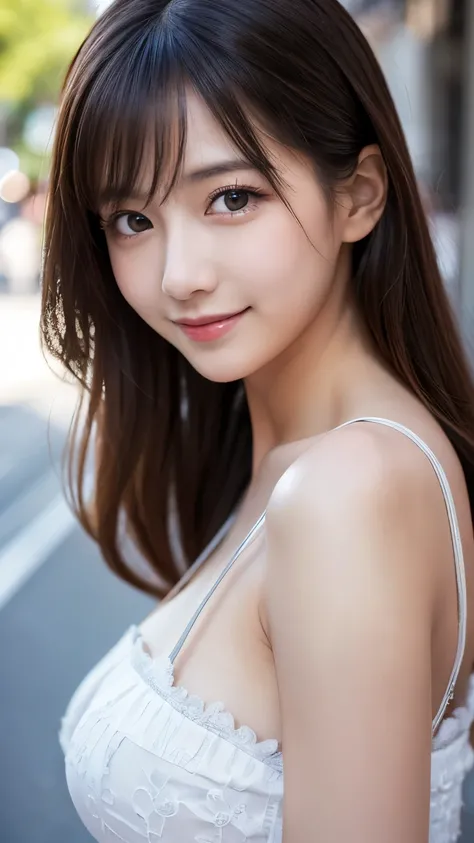 masutepiece, Best Quality, Illustration, Ultra-detailed, finely detail, hight resolution, 8K Wallpaper, Perfect dynamic composition, Beautiful detailed eyes, doress,Medium Hair, Big breasts, Natural Color Lip, Random and sexy poses,Smile,Aoyama Street Walk...