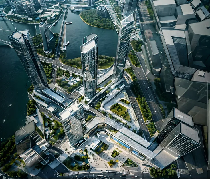 High-angle, realistic rendering of a modern city district. The focal point is a cluster of sleek, white, minimalist buildings with sharp lines and tall, slender towers. The buildings contrast sharply with the dark asphalt roads and lush green spaces inters...