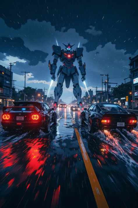 Two cars chasing on the highway in the night rain,rain-soaked asphalt surface and rainwater reflecting headlights and street lights,Raindrops and water splashes reflected from headlights and brake lights,Neon lights and street lights along the highway blur...