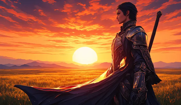  illustration ,dragon knight, full armor,  standing gallantly ,sunset background in Meadow, describes an end of the journey, dragon knight dengan mantel yang tertiup  angin, dim lighting  , dragon sword, masterpiece, concept art, concept design,8k wallpape...