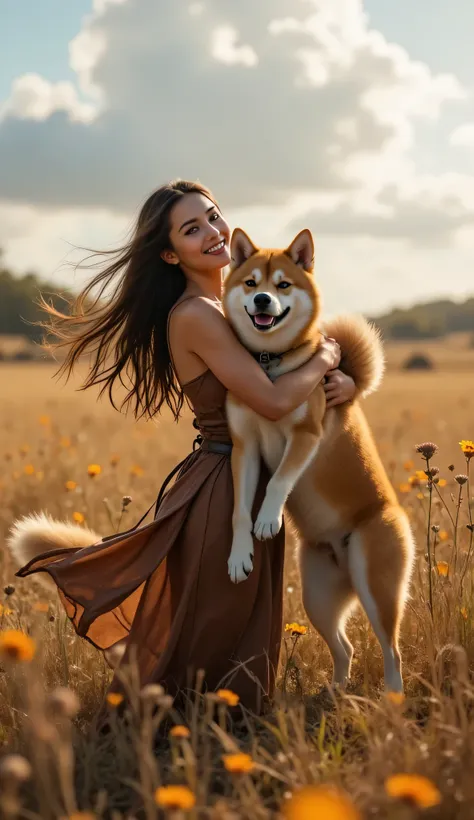 **Prompt:** Explore the enchanting relationship between a prehistoric female hunter and her spirited fluffy Shiba Inu in the expansive savanna. Hugging. Create a hyper-realistic, wide-angle image capturing the joyful moment as the hunter wraps her arms aro...