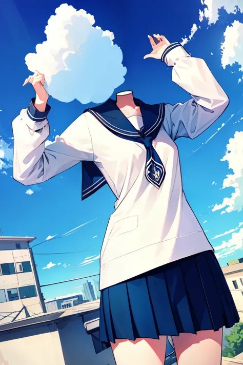 (best quality, masterpiece), 1girl, solo, T-shirt, skirt, headless, school rooftop, long sleeves, building, school, blue sky, cloud