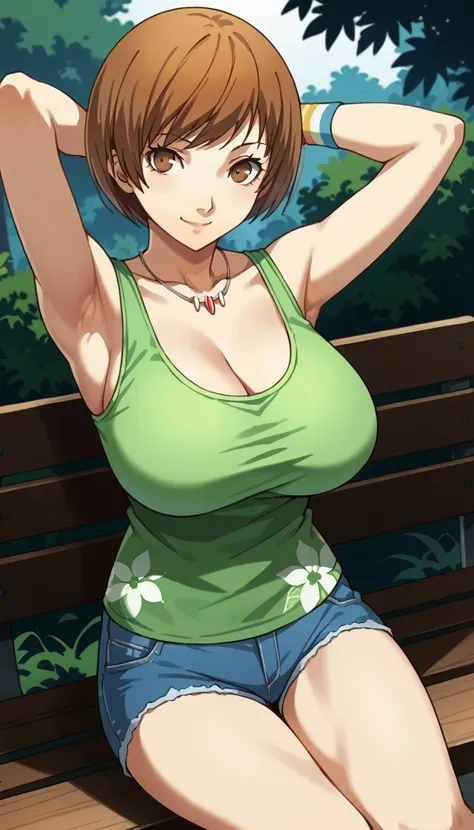 score_9, score_8_up, source_anime
1 girl, solo, cute face,
p4chie, satonaka chie, short hair, brown hair,
p4chie-sumcas, jewelry, necklace, tank top, green tank top, floral print, bare shoulders, collarbone, wristbands, multicolor wristbands, short shorts,...